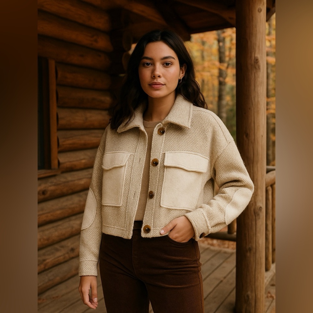 Peach Love California Cropped Shacket Jacket Beige Cream Patch Pocket Cabincore